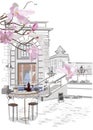 Series of backgrounds decorated with flowers, old town views and street cafes. CafÃ© window.